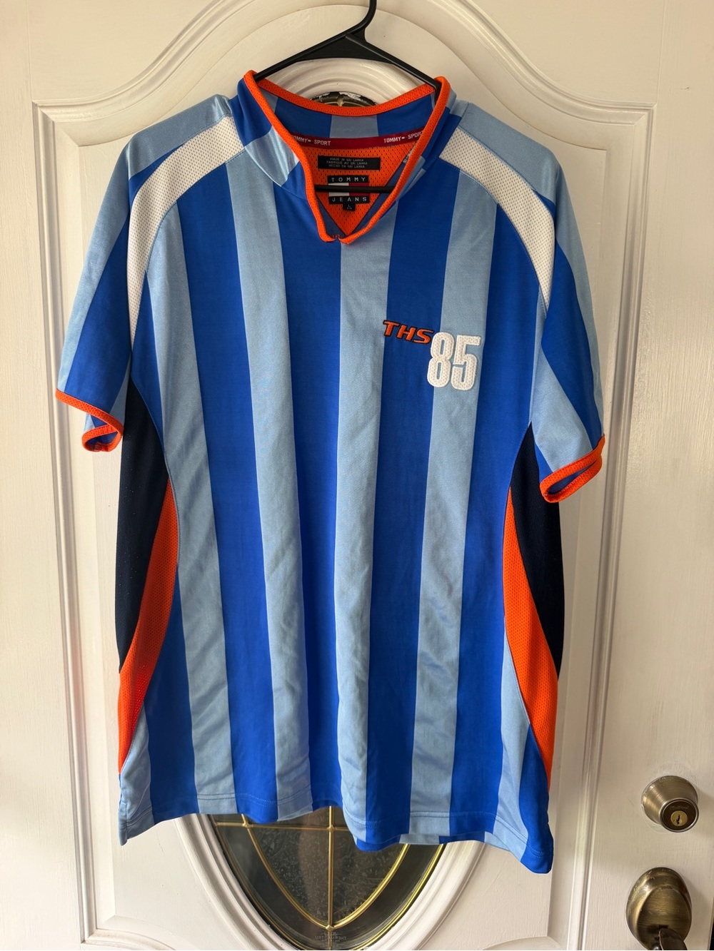 Vintage Tommy Hilfiger Blue Striped Athletic Jersey with Orange Trim